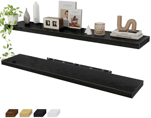Fun Memories 55 Inch Floating Shelves for Wall 2 Pack Shelves for Bedroom|Kitchen|Bathroom 55 x 9.3 Inch Wood Floating Shelf with Invisible Brackets for Books|Storage|Decor, Black