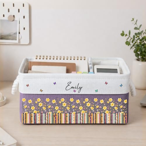 Macorner Personalized Book Storage Basket, Custom Name & Birth Flower Book Basket, Foldable Book Organizer With Rope Handles, Gift For Book Lovers