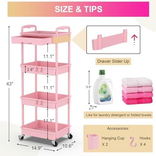 Goovilla 4 Tier Rolling Utility Cart Organizer with Removable Drawer, Pink | Stable and Sturdy Rolling Storage Carts with 2 Lockable Wheels for Bathroom, Kitchen, Snack, Craft, Makeup, Baby Essentials