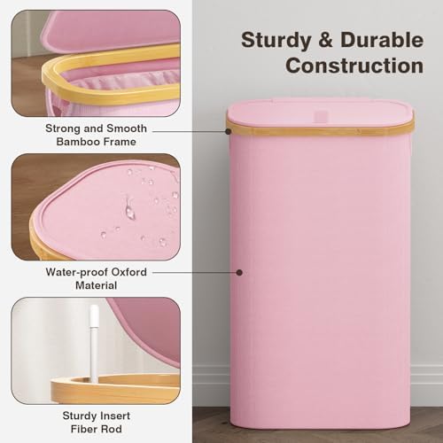 Bathola Slim Laundry Hamper with Lid, 75L Small Laundry Basket, Pink