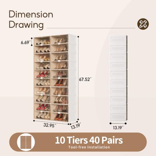 Shoe Rack, 40-Pair Foldable Shoe Storage Cabinet, Magnetic Doors