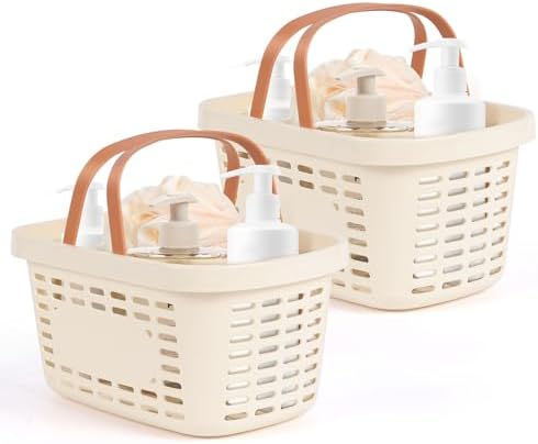 Plastic Shower Caddy Portable,Tote Storage Organizer Basket Bin with Handle for Bathroom,Dorm,College,Camp,Travel,2 Pack,Cream