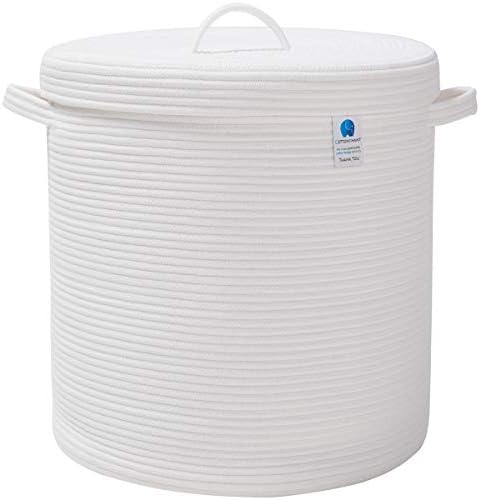 16x18 Inch Extra Large Round Cotton Rope Storage Basket with Lid, Decorative Woven Bin with Cover for Living Room Bedroom Closet, White