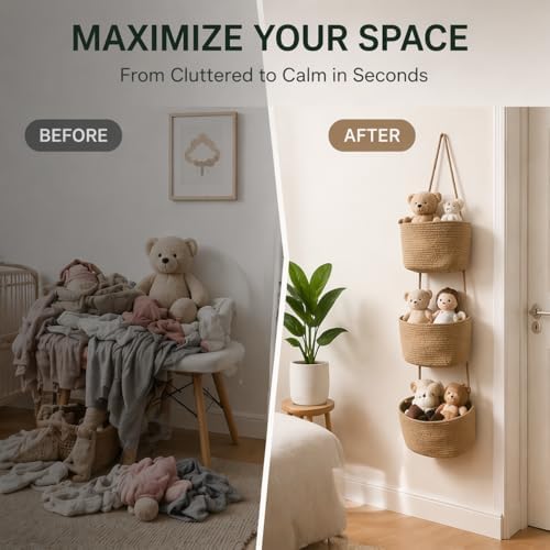 3-Tier Over the Door Hanging Basket, Cotton Rope Woven Decorative Hanging Storage, Large Wall Basket for Nursery Bedroom, Foldable Height Adjustable Organizer, Jute Color