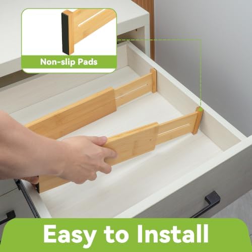 Utoplike Bamboo Dresser Drawer Dividers, Expandable Organizer for Clothing | Adjustable 3.2" High Drawers Separators for Kitchen, Bathroom, Bedroom, Office Storage, 4Pcs, Fit 13.5"-16" Inner Drawer