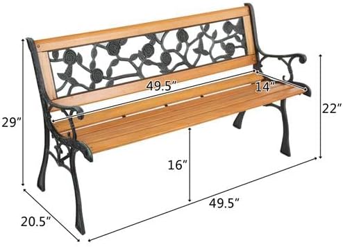 Outvita 49.5in Garden Bench, Deck Hardwood Seat and Metal Armrest Park Bench for Patio Front Porch Path Yard Lawn Poolside (Rose)