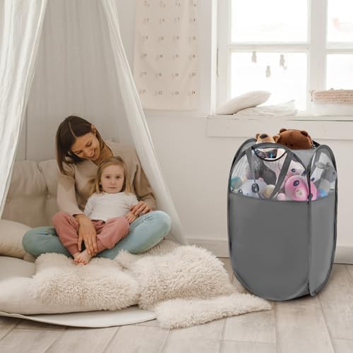 TECHMILLY Pop Up Foldable Laundry Basket, Mesh Laundry Hamper with Reinforced Handles for Dirty Clothes Storage in Dorm, Laundry Room, Bathroom, Grey(Fabric), 3 Pack