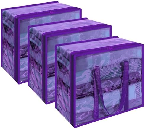 Vieshful Purple 40L Clear Clothes Storage Bag Colorful Clothes Organizer with Zipper Vinyl Storage Bag for Comforter, Blanket, Bedding, Duvet, Transparent Moving Totes 3 Pack