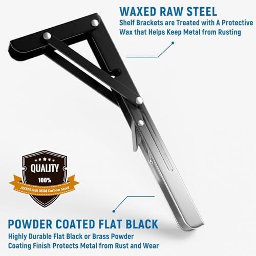 LEOPO 20 Inch Folding Shelf Brackets, 2 Pack Foldable Shelf Supports | Heavy Duty Triangle Wall Mounted Collapsible Brackets for Fold Down Table, Space Saving for Bench Table with Screws, Black