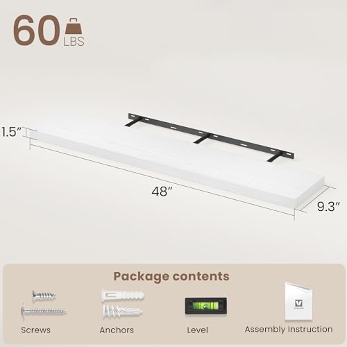 Vivelove Floating Shelves 9 inch Deep 48”Long Set of 1, White | Easy Install With Hardware, 1.5" Thick, Invisible Brackets, Wall Mounted, No Sagging, For Any Room