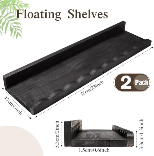 Suzile 2 Pcs Scalloped Floating Wall Shelves,23",Black | Scalloped Edge, Book Display, Plant Display, Photo Frames, Toy Storage, Nursery, Bedroom, Bathroom, Aesthetic Decor