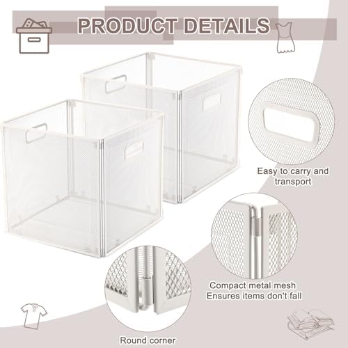Funnymoom 2 Pcs White Foldable Metal Wire Basket with Handles 13 x 13 Inch