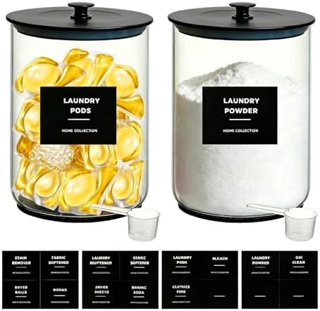 1 Gallon Glass Laundry Detergent Dispenser-Laundry Room Organization-Black | Borosilicate Glass Canister Jar with Airtight Lid, Scoop & Silicone Mat,16 Labels for Powder Soap Pods Container