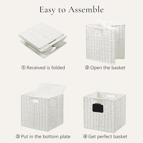 UBBCARE 4 Pack Small Wicker Basket, 9×9 Storage Cubes with Label, Foldable Cube Storage Bin with Handle, Square Storage Basket for Shelves, Woven Paper Rope Basket for Organizing, White
