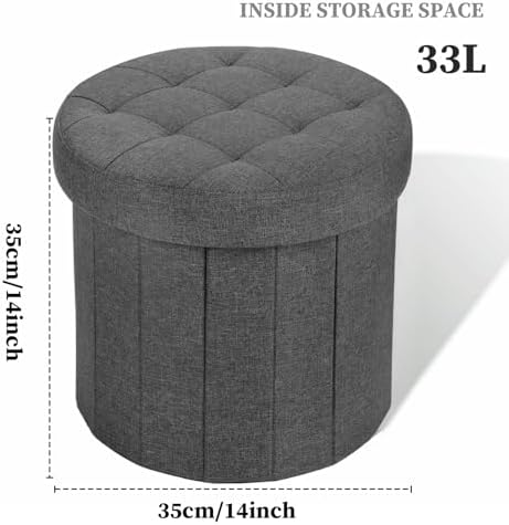 Bsketa Round Storage Ottoman, 14" Folding Linen Foot Rest Stool, Dark Gray | Round Poufs with Thicker Foam Padded Seat Small Linen, Livingroom, Dorm, Bedroom, Easy to install,14 x 14 x 13in