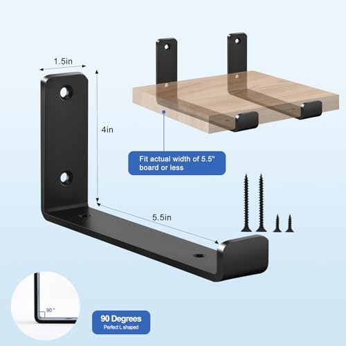 10 Pack - 5.5" L x 4" H x 1.5" W J Lip Shelf Brackets Rustic Farmhouse Iron Wall Floating Shelf Bracket Metal Shelf Bracket Industrial Shelf Supports with Screws Black