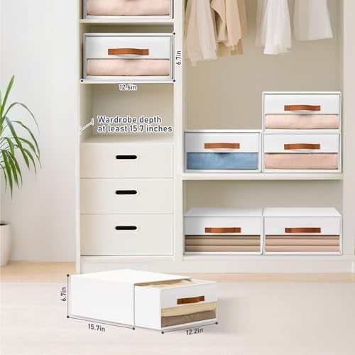 DIMJ Closet Organizers and Storage - Fabric Bins with Drawers for Closet Foldable Clothes Organizers with Clear Window, Stackable Storage Drawers Units for Bedroom, Living Room, 6-Pack, White
