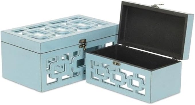 Pemberly Row Set of 2 Distressed Mirrored Wood Boxes, Blue Finish, Geometric Mirror Overlay, Hinged Lids, Synthetic Fabric Lining, Large and Small Keepsake Storage for Bedrooms, Entryways, or Mantles