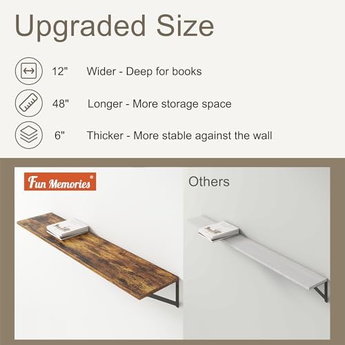 12 Inch Deep Floating Shelves,48W x 12D Floating Shelves, Deep Wall Shelves Bracket Set of 2, Large Display Floating Shelf for Bathroom, Living Room, Wide Storage Wooden Wall Shelf, Rustic Brown