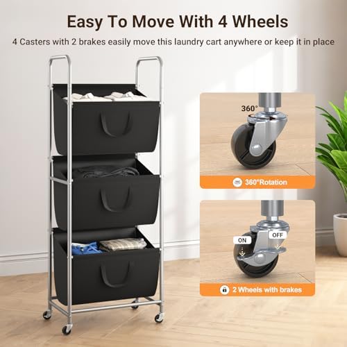ELYKEN 3-Tier Vertical Rolling Laundry Hamper with Wheels & Removable Bags | 120L Capacity, Space-Saving Design, Locking Casters, 3 Section Laundry Sorter for Apartments, Small Spaces, Closet, Dorm