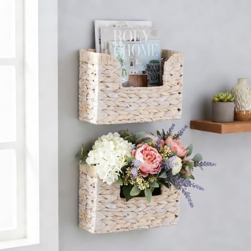 Set of 2 Magazine Holder Wall Basket Water Hyacinth Woven Mail Organizer, Wicker Wall Hanging Baskets for Magazines, Letters & Storage Decorative Mail Holder, Magazine Rack, Hanging Basket, Whitewash
