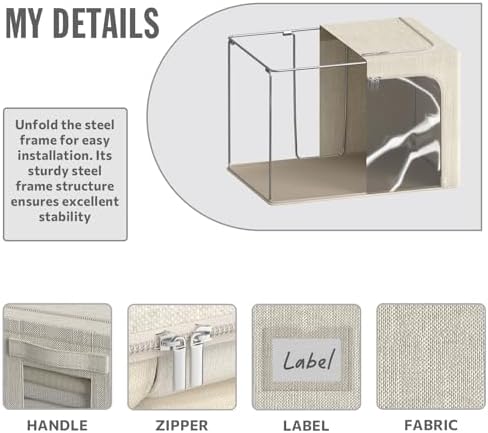 4 Pack Clothes Storage Bins with Metal Frame - 66L Stackable Storage Box with Lid，Foldable Storage Container Organizer for Clothes，Linen Fabric Storage Box with Clear Window＆Zippers＆Handles