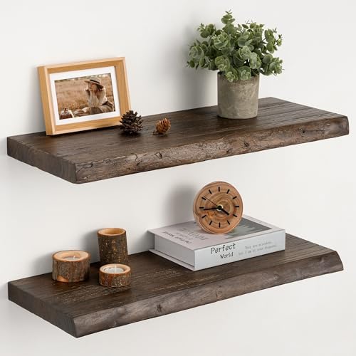 24" Live Edge Floating Shelves, Solid Elm Wood Shelf, Set of 2