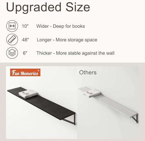 Floating Shelves 48 Inch Long, 10" Deep Floating Shelves, Black Wall Shelves 48 x 10, Set of 2, Wide Large Display Storage Shelves for Bathroom, Living Room, Rustic Wood Shelves with Brackets