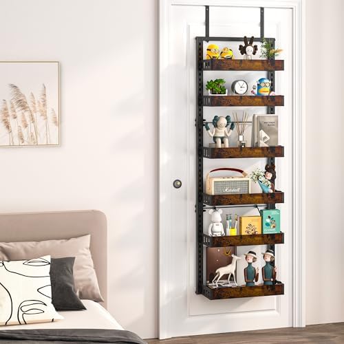 BUKFEN 6-Tier Over the Door Pantry Organizer, Adjustable Basket Spice Rack | 2-IN-1 Door & Wall Mounted, Heavy Duty Metal Storage Shelf,12 Hooks, Back of Door Organizer for Kitchen, Bathroom, Closet