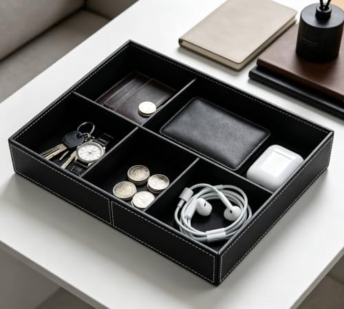 Desktop Glove Box, Nightstand or Dresser Organizer, Valet Tray, Entry Table Organizer, Dresser Storage Box,PU Leather Drawer Storage Decorative Trays.