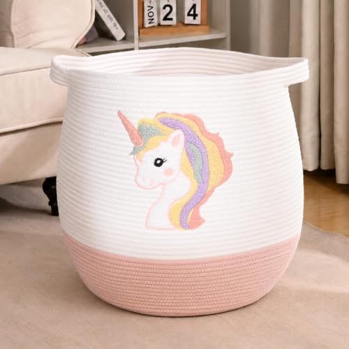 Large Baby Laundry Basket, Laundry Hamper for Baby, Toy and Blanket Storage Basket, Cotton Rope Baskets for Organizing 17.7"x15.7", Unicorn