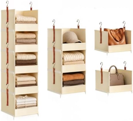 DIMJ Hanging Closet Organizer - 5-Tier Modular Hanging Shelves with Zippers Hooks, Collapsible Baskets for RV, Dorm, Small Spaces, Fabric Storage Bins for Clothes, Handbags