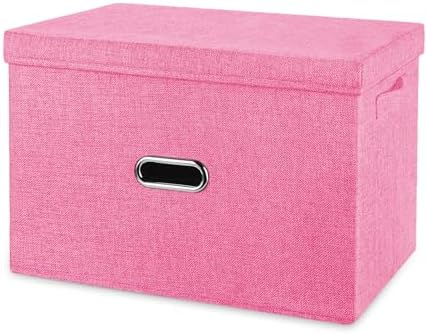 Large Linen Fabric Foldable Storage Bins with Removable Lid and Handles, Washable Storage Box Organizer Containers Baskets Cube with Cover for Bedroom,Office(Pink, Large)
