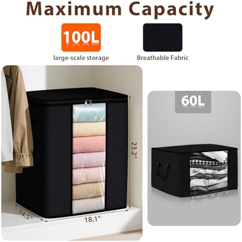 SpaceWhisper 3 Pack 100L Clothes Storage, Foldable Storage Bags, Black