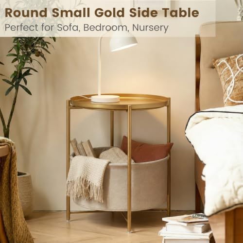 danpinera Gold Side Table with Basket, Small Round Table for Living Room | Metal Modern Nightstand for Small Space, Bedroom, Nursery, Accent Metal Stand with Removable Serving Tray, 20.47 in Tall