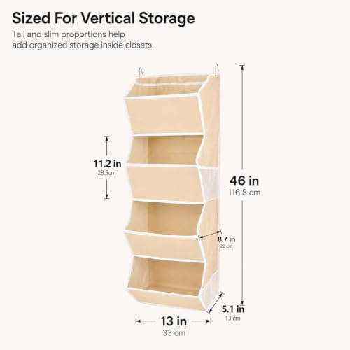4-Shelf Hanging Closet Organizer and Storage, Fabric Storage Bins Bedroom Organization with Mesh Pockets, Collapsible Hanging Shelves Wardrobe Organization for Home, Dorm, Rv (Beige)