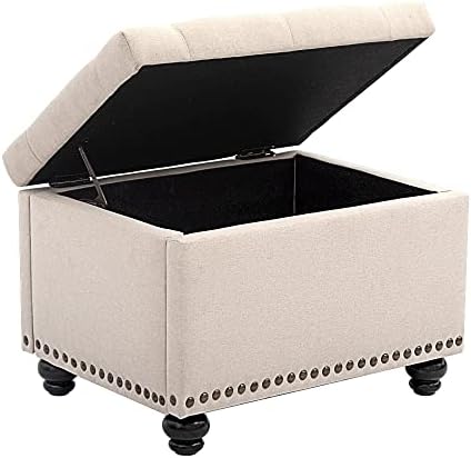 CangLong 24 Inch Tufted Lift Top Storage Ottoman Bench, Linen Foot Rest Stool with Foam Padded Seat, End of Bed Bench & Shoe Bench for Bedroom Living Room Entryway, Easy Assembly, Beige