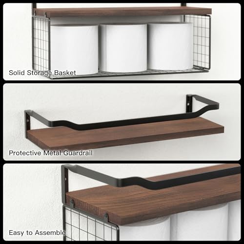WOPITUES Floating Shelves with Wire Storage Basket, Bathroom Shelves Over Toilet with Protective Metal Guardrail, Wood Wall Shelves for Bathroom, Bedroom, Living Room, Toilet Paper- Dark Brown