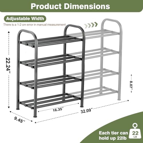 4-Tier Expandable Shoe Rack, Stackable and Adjustable Shoes Organizer Storage Shelf, Sturdy and Durable Metal Structure Free Standing Shoe Rack for Closet Entryway Doorway