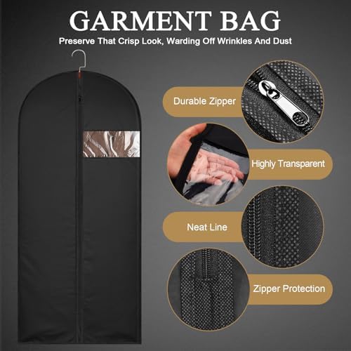 60Inch Garment Bags Covers,Black Hanging Clothes Bag, Suit Cover Bags with Clear Window for Hanging Closet Clothes Storage and Travel