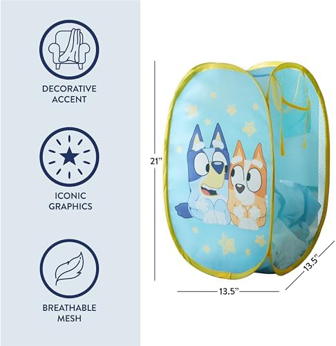 Bluey Pop-Up Hamper with Carry Handles – 21" x 13.5", Bluey and Bingo Design, Lightweight & Collapsible Laundry Basket for Kids’ Bedroom, Bathroom, or Playroom