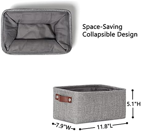 DULLEMELO Small Storage Baskets 11.8"x7.9"x5.1", Fabric Storage Bins for Shelves,Closets,Nursery,Home,Office [3 Pack], Collapsible Storage Baskets with Leather Handles (Gray)
