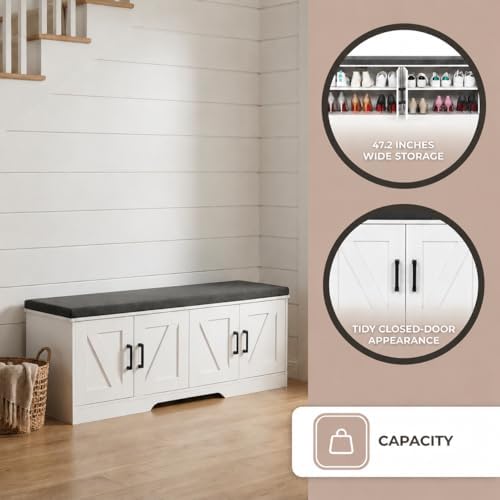 HOMSHO Farmhouse Shoe Storage Bench with 4 Barn Doors & Padded Seat Cushion