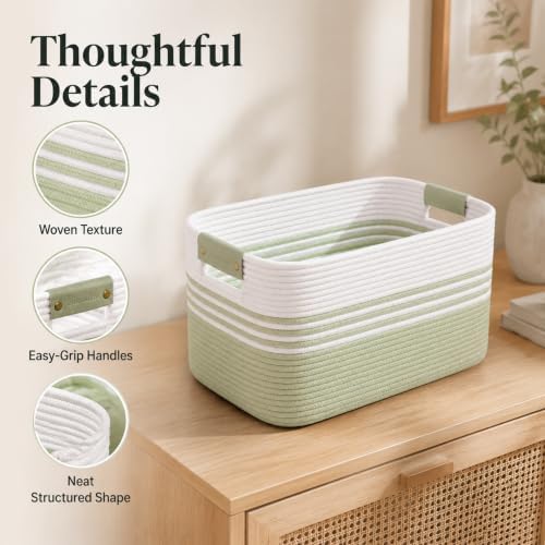 19.2GAL Sturdy Large Laundry Basket with Handles for Bathroom, Dorm Dirty Clothes, Portable Aesthetic Boho Cute Woven Storage Blanket Baskets for Living Room Decor Girls Boys Pets Toys White Green