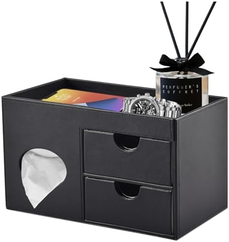 Square Tissue Box Cover with Drawers,Tissue Box Holder with Storage Tray, Makeup Organizer and Desk Organizer,Tissue Holders Decorative for Bathroom Vanity NightStand Dressing Table (Black)
