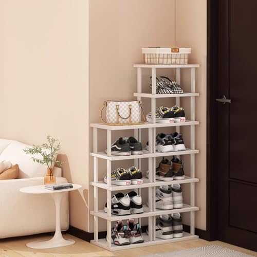 SAN HE Bamboo Shoe Rack 17 Tier- Vertical Shoe Rack for Small Spaces, Tall Narrow Shoe Rack Organizer for Closet Entryway Corner Garage and Bedroom,Skinny Shoe Shelf with Free Stackable DIY