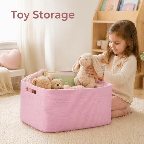 Cotton Rope Laundry Basket Small, 12.8GAL Collapsible Woven Storage Baskets for Living Room Kids Toys Stuffed Animal,Boho Rectangular Decorative Short Hamper for Dirty Clothes, Blankets Light Pink