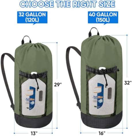BALEINE 2PK 150L Laundry Bag Backpack, 900D Oxford Fabric Large Travel Laundry Bags with Shoulder Straps and 2 Mesh Pockets for College Dorm, Apartment, Laundromat (Green, 150L)