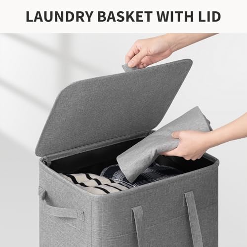 Goodpick 100L Large Rolling Laundry Basket with Wheels and Lid, Gray | 17.2" × 13.2" × 32" Collapsible Laundry Hamper for Clothes & Blanket, Bedroom & Bathroom Organization, Removable Wash Bag