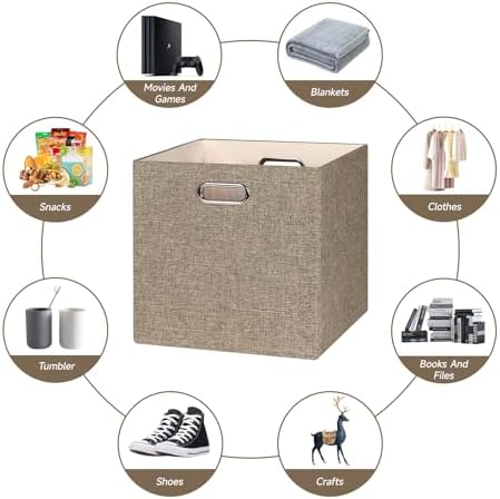 Posprica Collapsible Storage Bins,13×13 Foldable Storage Cube Boxes Fabric Drawer Fabric Storage Bins Vinyl Record Light Coffee, 4 Pack